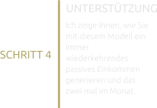 UNTERSTÜTZUNG Ich zeige Ihnen, wie Sie mit diesem Modell ein immer wiederkehrendes passives Einkommen generieren und das zwei mal im Monat. SCHRITT 4