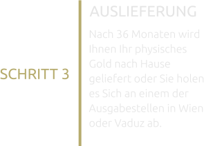 AUSLIEFERUNG Nach 36 Monaten wird Ihnen Ihr physisches Gold nach Hause geliefert oder Sie holen es Sich an einem der Ausgabestellen in Wien oder Vaduz ab. SCHRITT 3