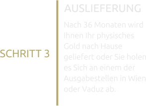 AUSLIEFERUNG Nach 36 Monaten wird Ihnen Ihr physisches Gold nach Hause geliefert oder Sie holen es Sich an einem der Ausgabestellen in Wien oder Vaduz ab. SCHRITT 3