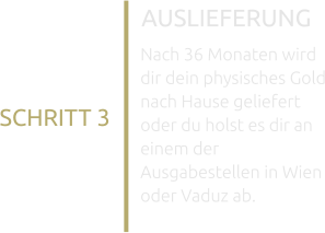 AUSLIEFERUNG Nach 36 Monaten wird dir dein physisches Gold nach Hause geliefert oder du holst es dir an einem der Ausgabestellen in Wien oder Vaduz ab. SCHRITT 3