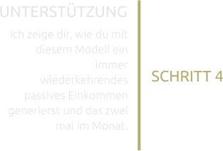 SCHRITT 4 UNTERSTÜTZUNG Ich zeige dir, wie du mit diesem Modell ein immer wiederkehrendes passives Einkommen generierst und das zwei mal im Monat.