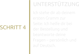 UNTERSTÜTZUNG Ich stehe dir ab deinem ersten Gramm zur Seite: Ich helfe dir bei der Bestellung und beantworte deine Fragen – persönlich und auf Deutsch. SCHRITT 4
